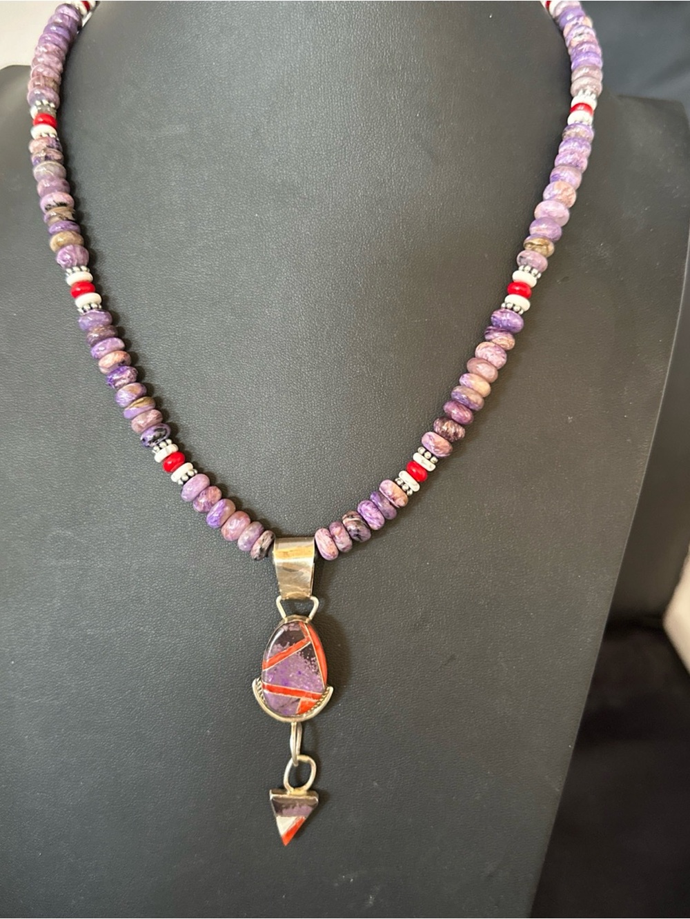 Purple Charoite Beaded Pendant Necklace with Inlay 21” 20305